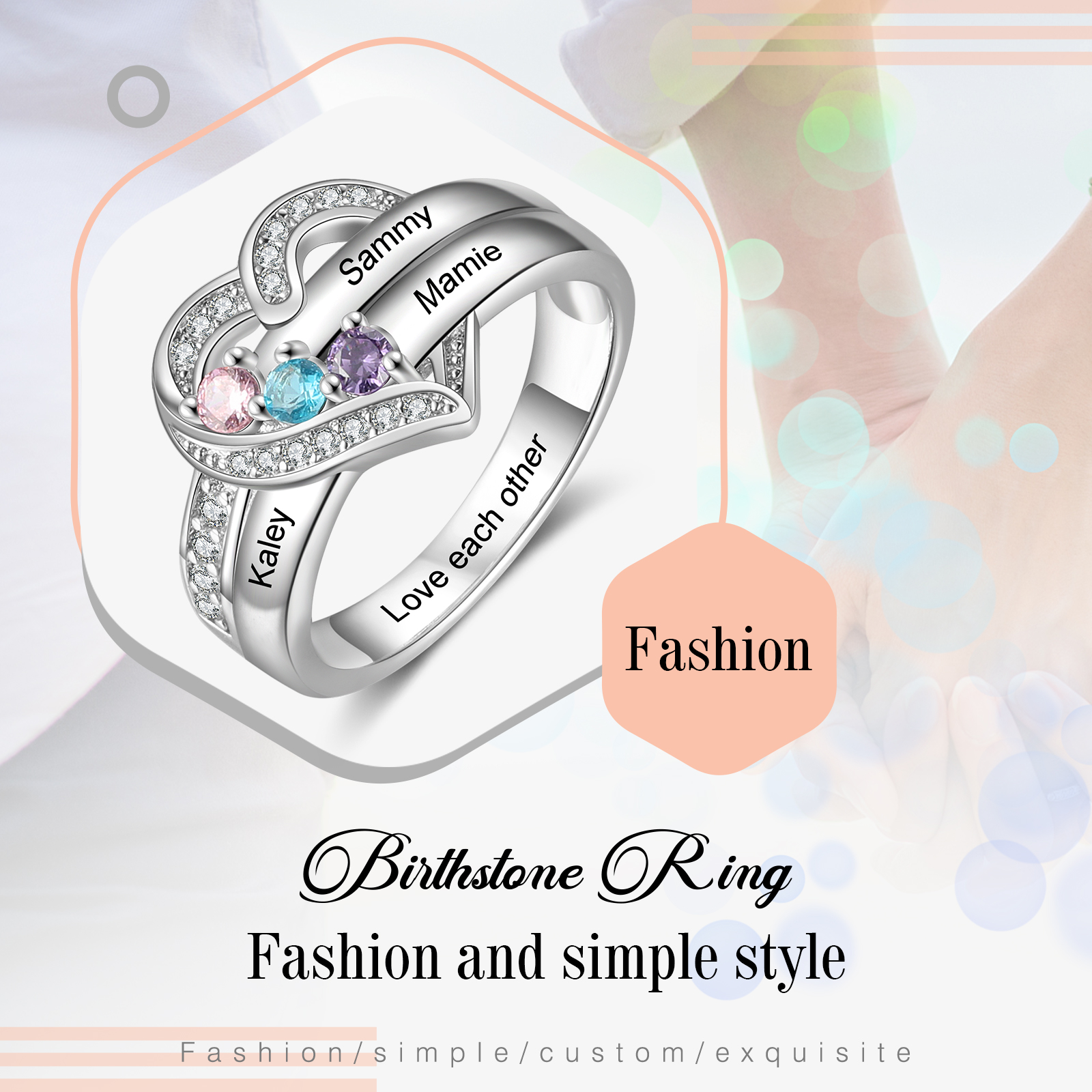 S925 Silver Personalised Mother Ring with 3 Birthstones Heart Family Ring-Jessemade AU