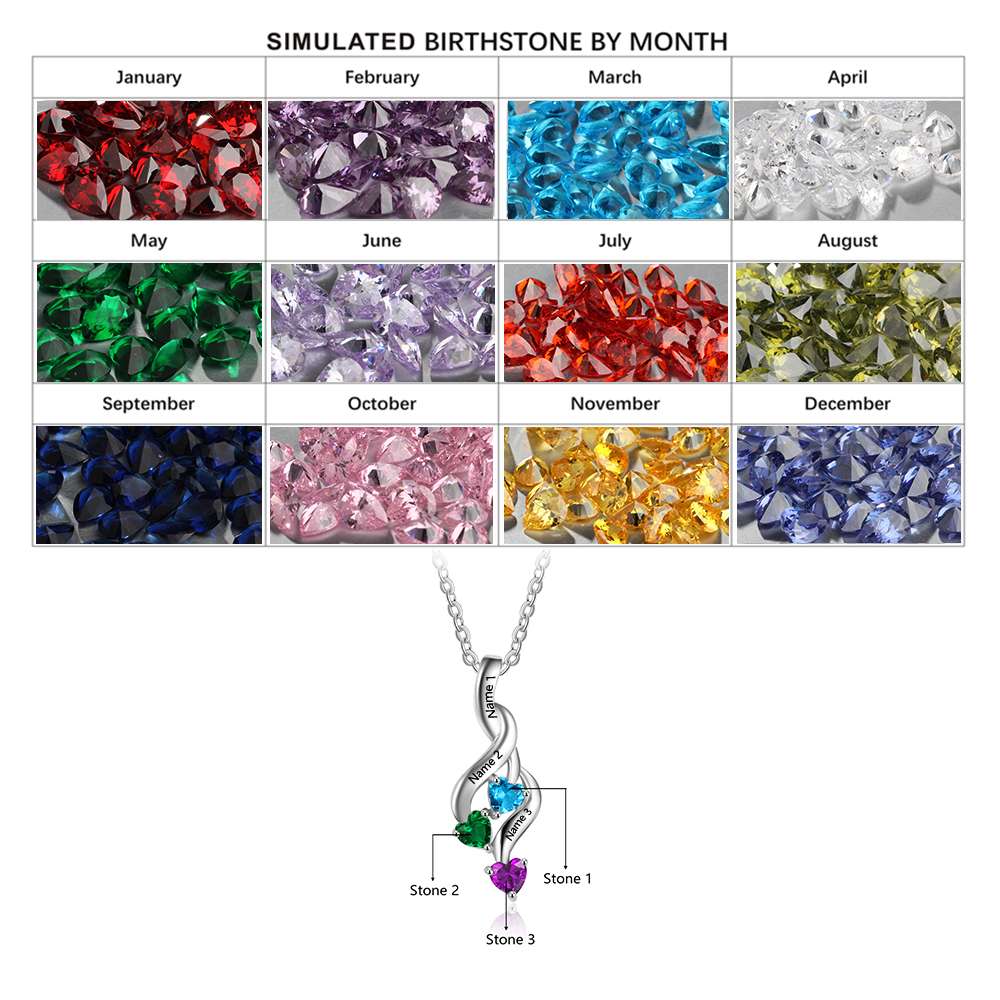 Personalised Necklace With 3 Heart Birthstones Engraved Names Gift For Women-Jessemade AU