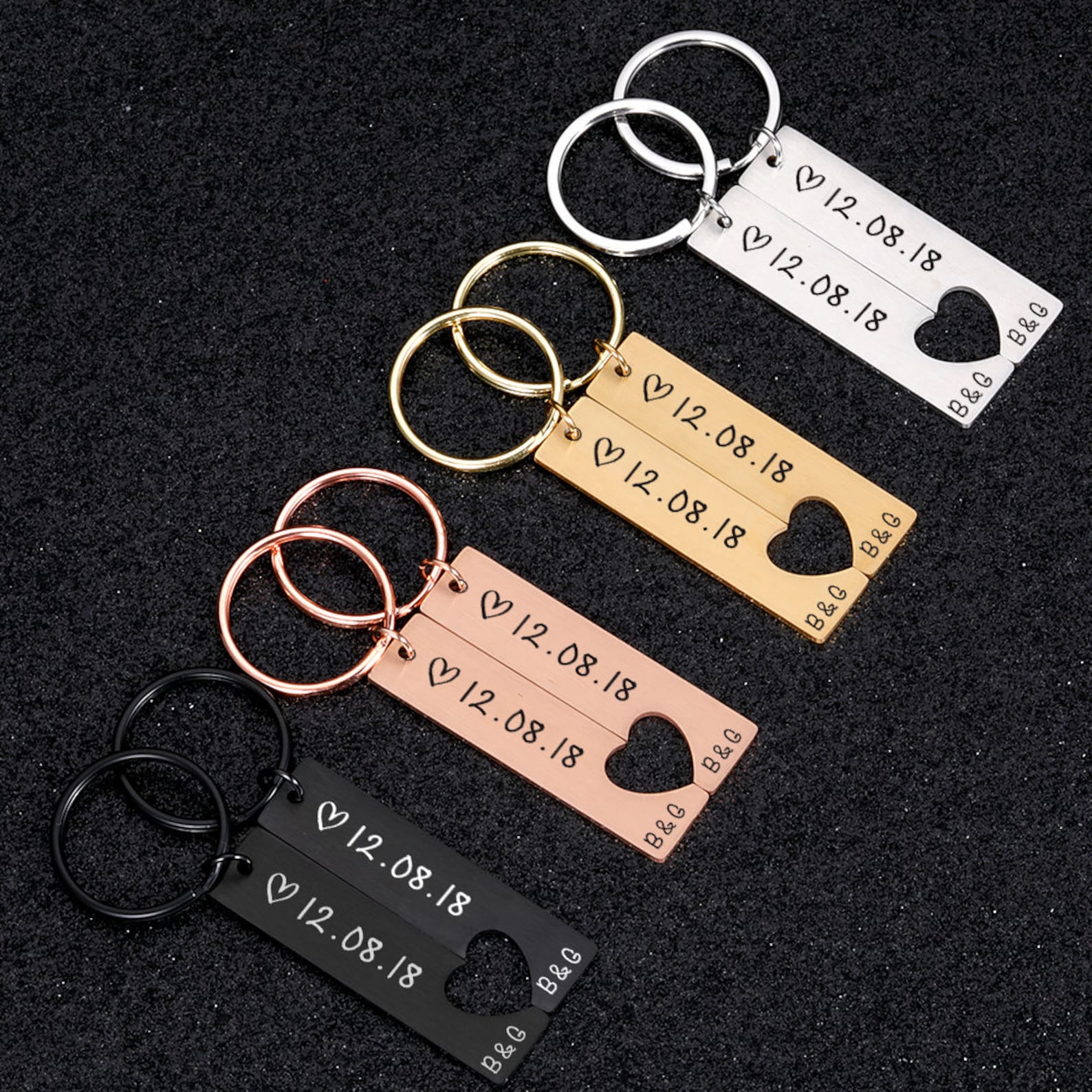 To My Man/My Love Heart Keychain Set Personalised Date Initial Keyring Matching Couple Gifts-Jessemade AU