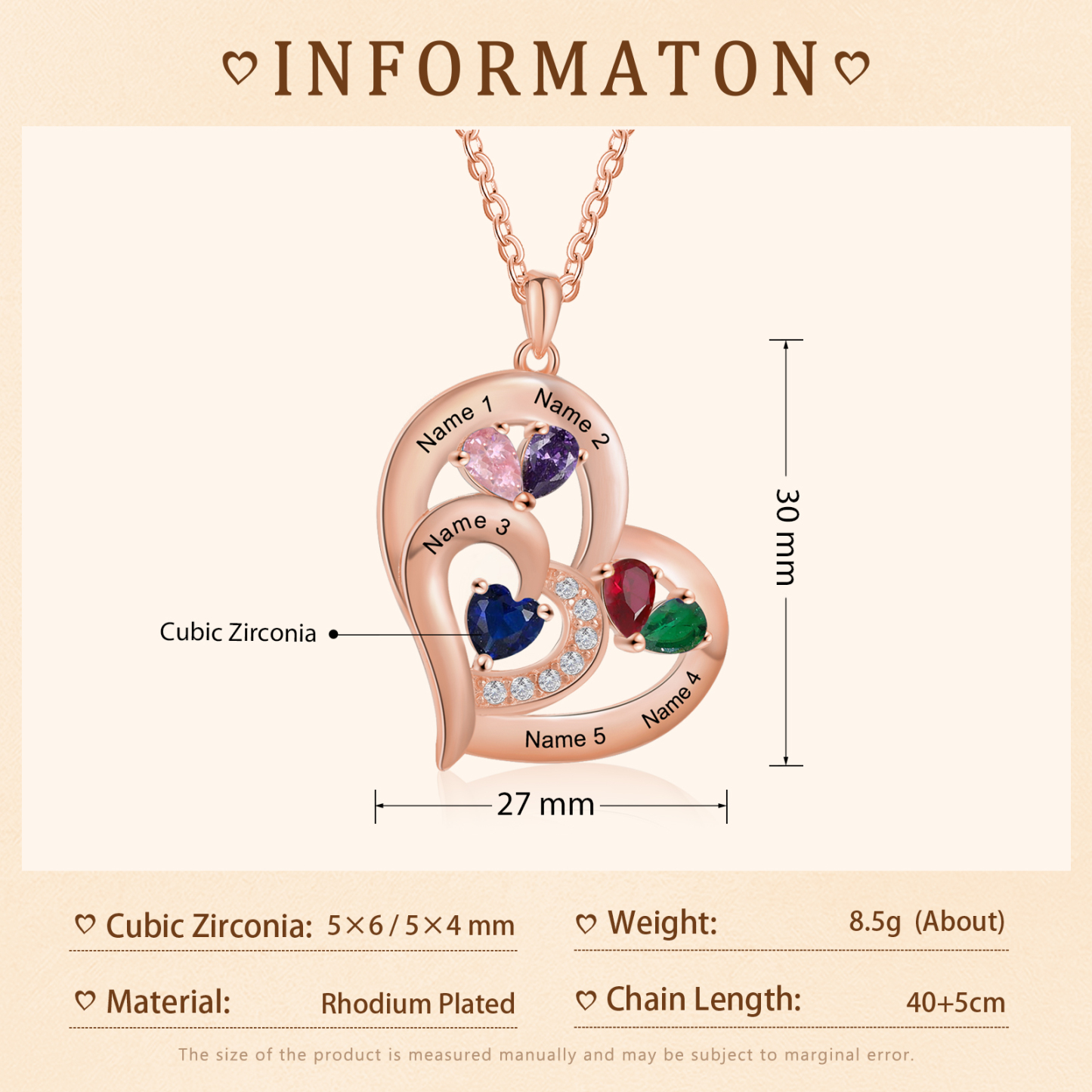 5 Names - Personalised Heart Pendant Necklace Customised Names & Birthstones Necklace Birthday Gift for Her-Jessemade AU