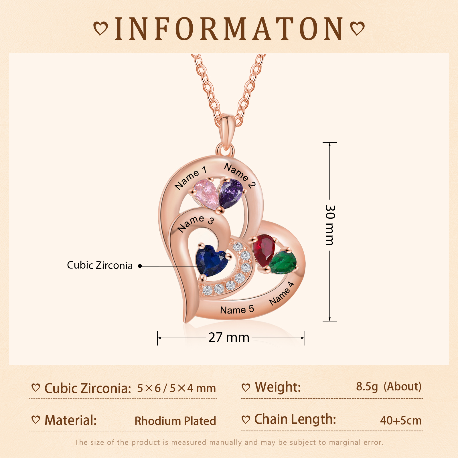 5 Names - Personalised Heart Pendant Necklace Customised Names & Birthstones Necklace Birthday Gift for Her-Jessemade AU