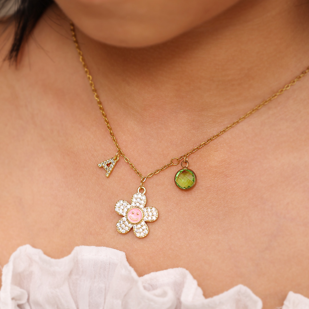 Back To School Personalised Smile and Flower Necklace Custom Birthstone and Initial Necklace-Jessemade AU