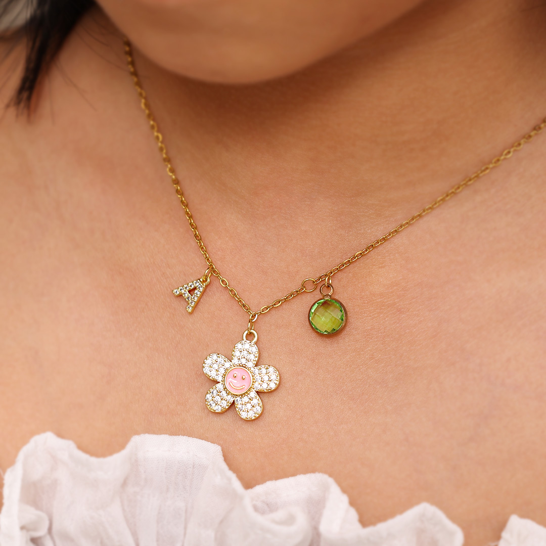 Back To School Personalised Smile and Flower Necklace Custom Birthstone and Initial Necklace-Jessemade AU