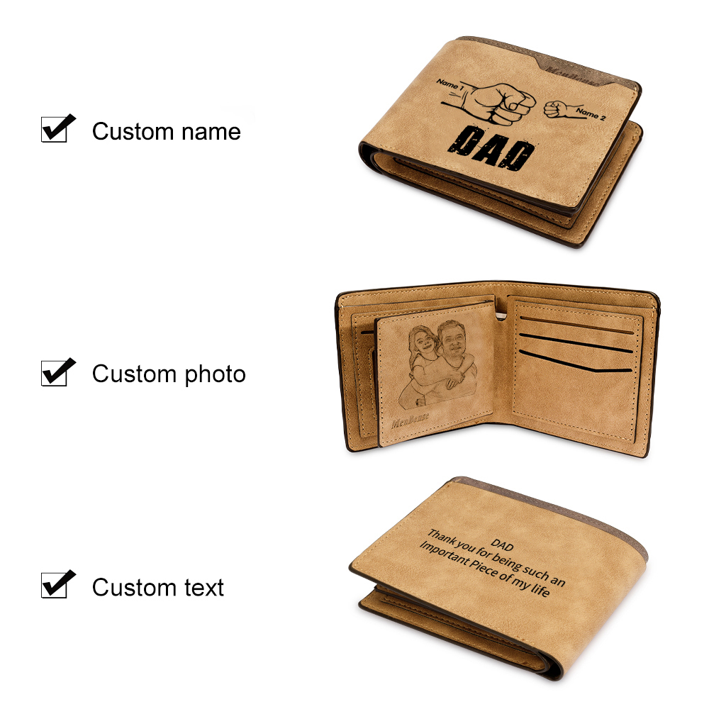 2 Names - Personalised Men Leather Wallet Custom Photo & Text & Name Folding Wallet Fist Bump Wallet Gift for Dad-Jessemade AU
