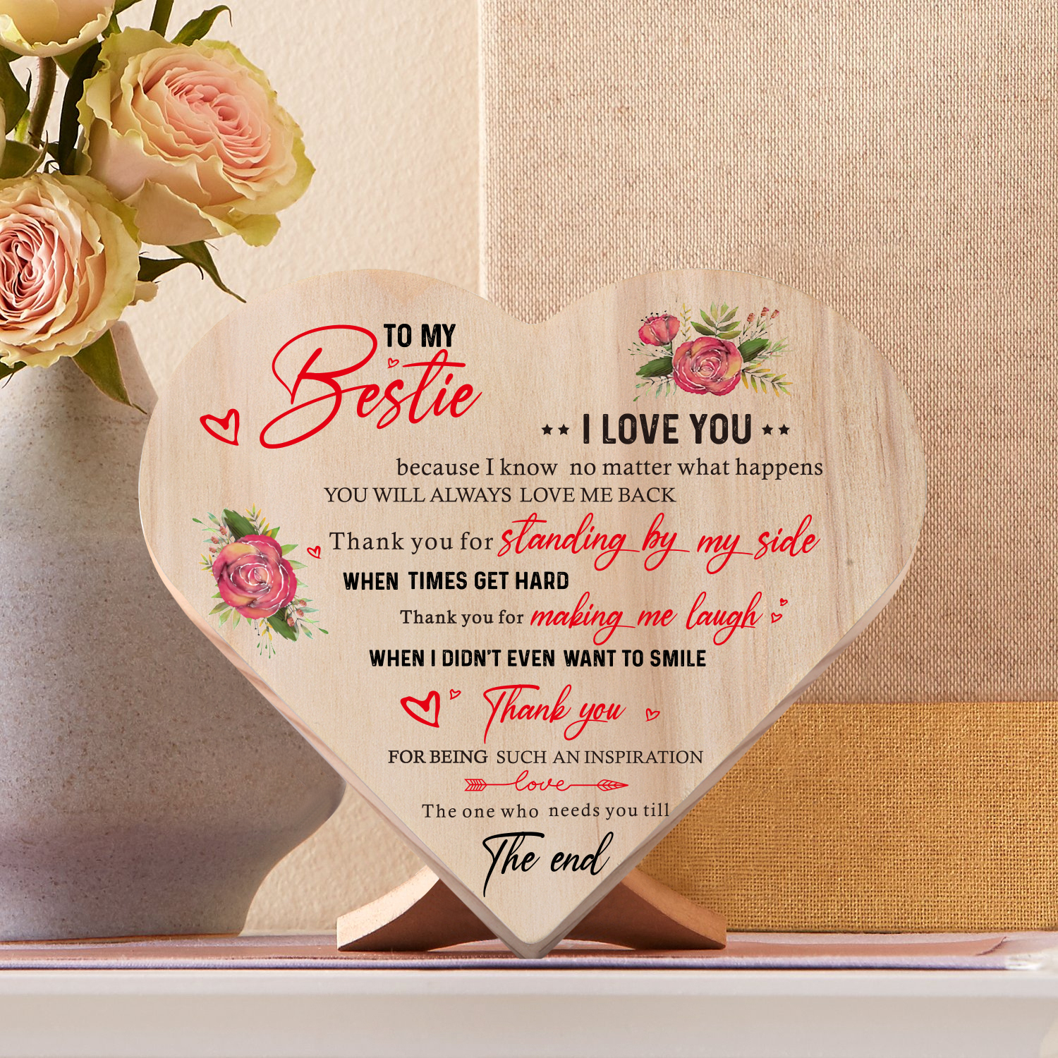 To My Bestie Rose Wooden Heart Keepsake Desktop Ornament "Thank you for standing by my side" Friendship Gifts-Jessemade AU