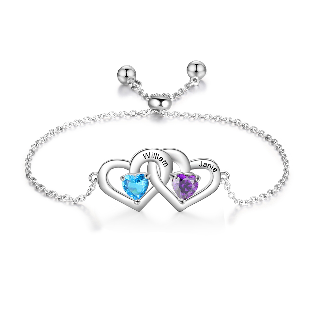Personalised Heart Bracelet With 2 Birthstones Engraved Names Bracelet Gift For Women-Jessemade AU
