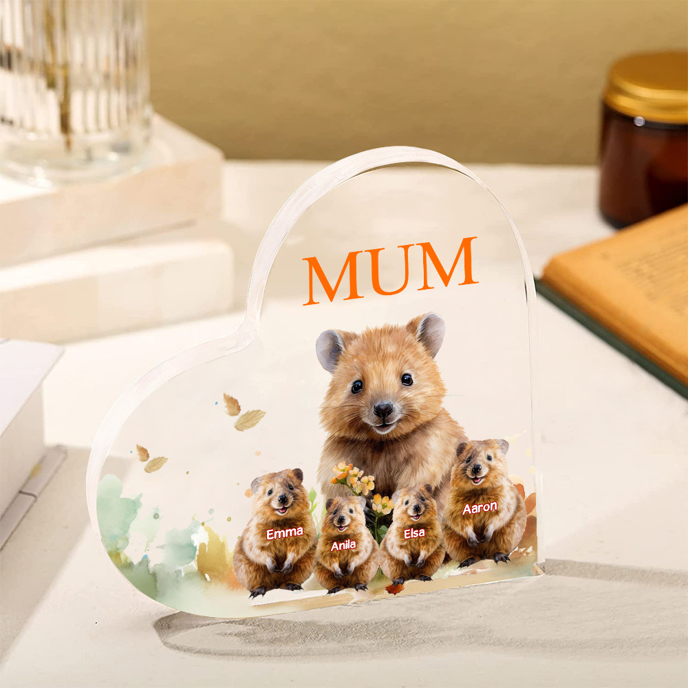 Personalised Acrylic Heart Keepsake Custom 1 Text & 4 Names Ornament Quokka Family Gift for Mother/Grandma-Jessemade AU