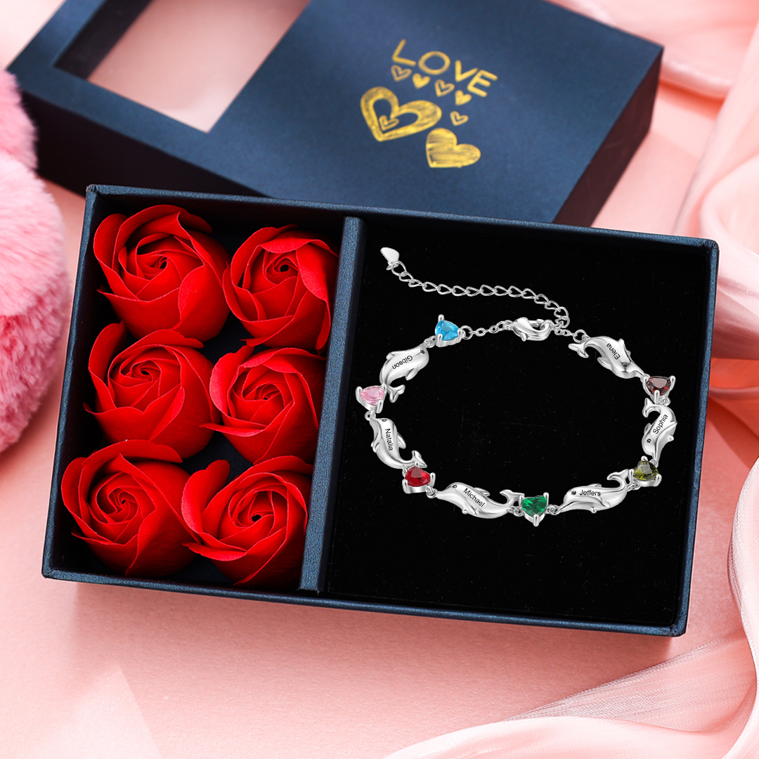 Dolphin Bracelet Personalised 6 Birthstones & 6 Names Women Bracelet-Jessemade AU