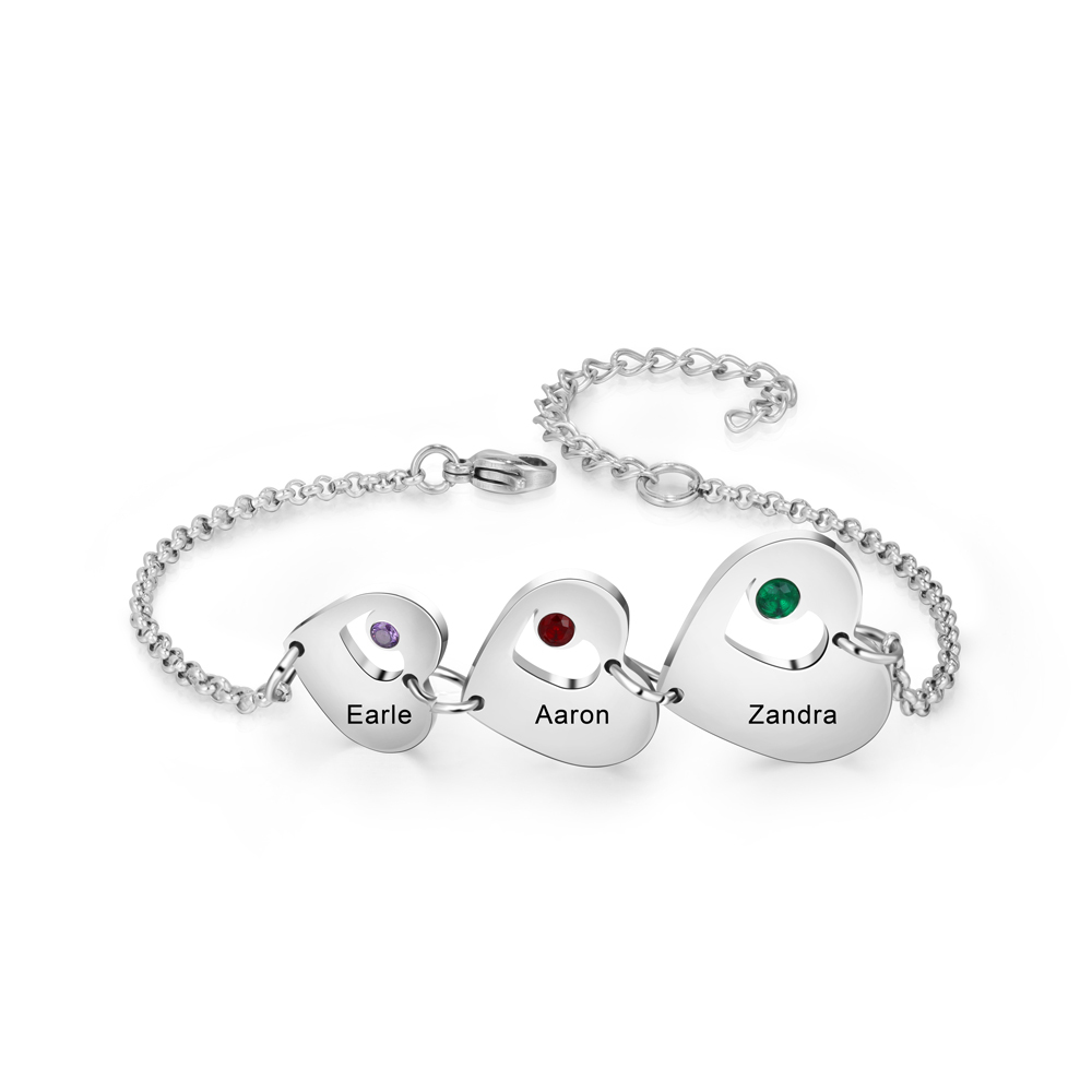 Personalised Heart Bracelet With 3 Birthstones Engraved Names Bracelet Gift For Women-Jessemade AU