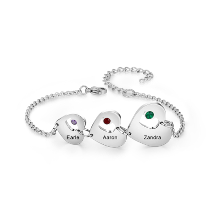 Personalised Heart Bracelet With 3 Birthstones Engraved Names Bracelet Gift For Women-Jessemade AU