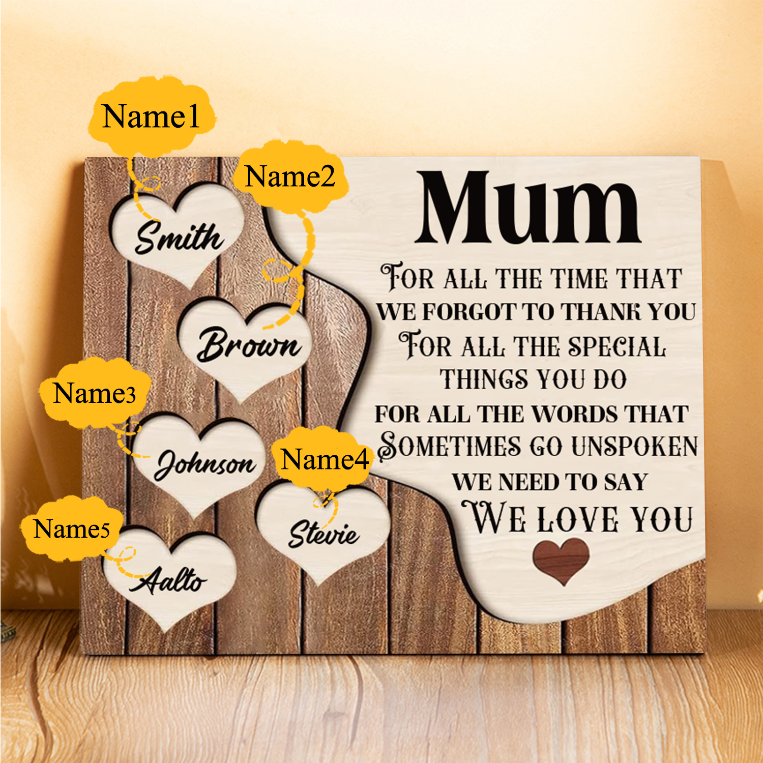 5 Names - Personalised Mum Wooden Plaque Custom Names Home Decoration Hearts Gift for Mother-Jessemade AU