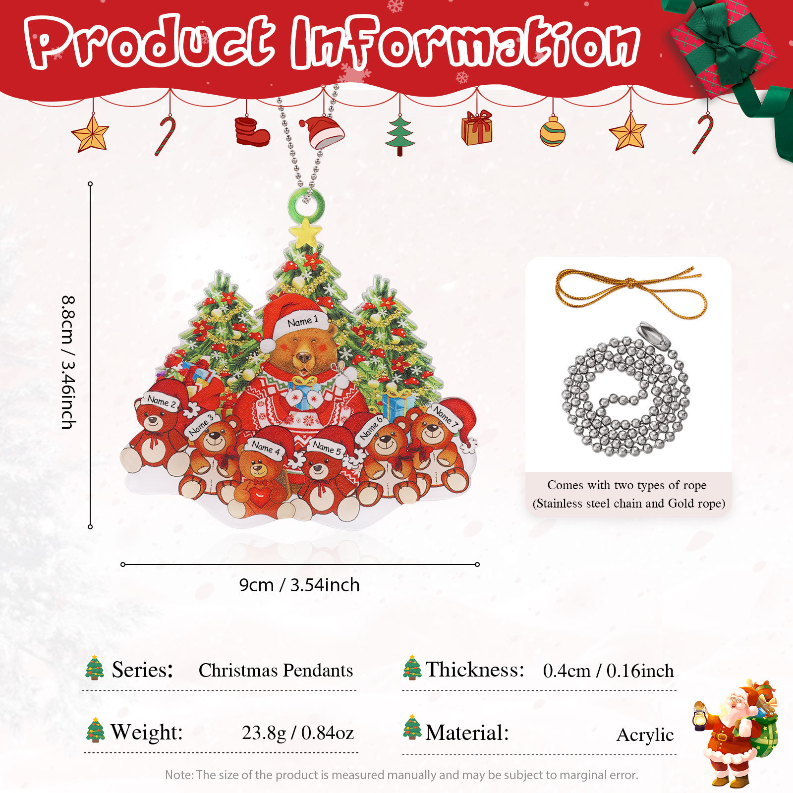 7 Names - Personalised Acrylic Christmas Bear Ornaments Customised Text & Name Xmas Pendant Gifts for Family-Jessemade AU