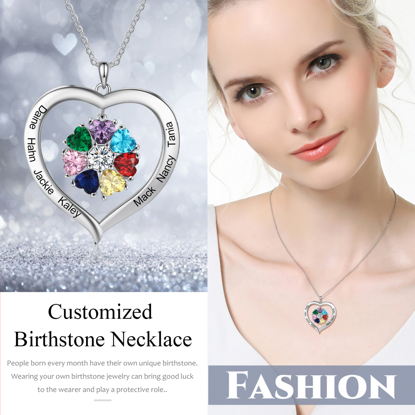 Personalised Heart Necklace with 7 Birthstones Engraved Names Family Necklace Gifts for Her-Jessemade AU