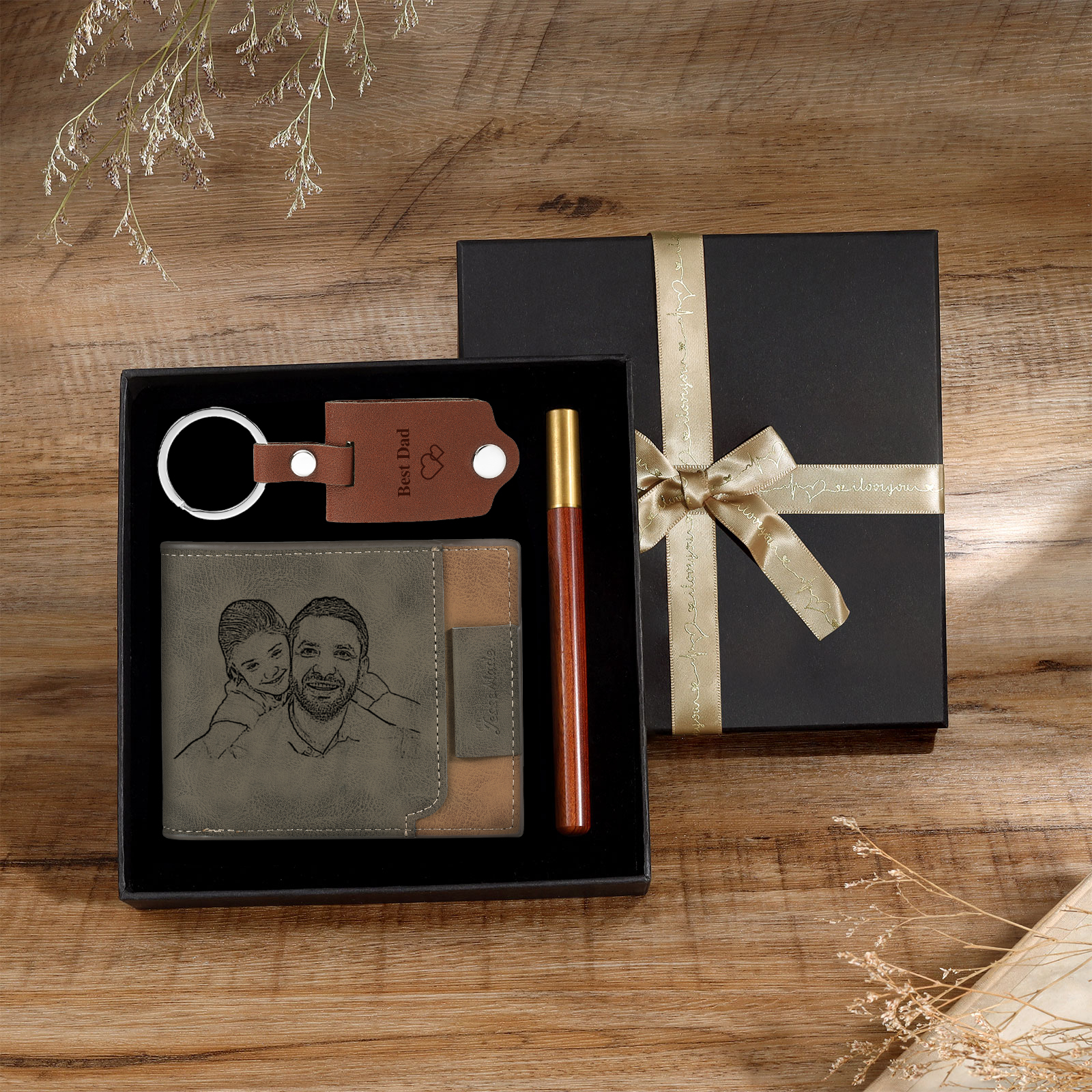 Personalised 2 Texts & 2 Photos & 1 Name & 1 Letter Gift Box Set Custom Wallet & Keychain & Pen Gift Set Gift for Father/Grandpa-Jessemade AU
