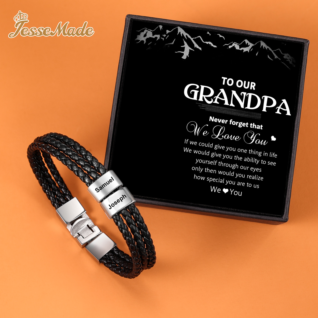 Personalised Braided Leather Bracelet Engraved 2 Names Men's Bracelet Gifts For Him-Jessemade AU