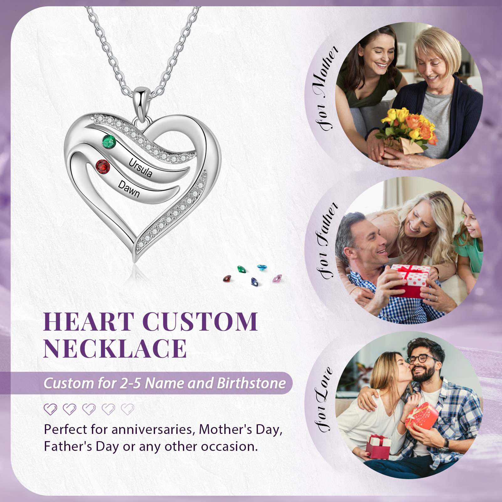 Personalised Intertwined Heart Pendant Necklace Custom 2 Birthstones & 2 Names Necklace Gifts for Her-Jessemade AU