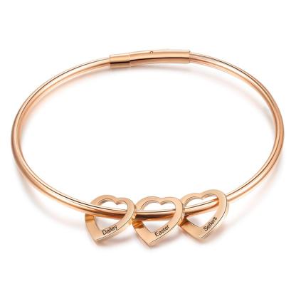 Personalised Love Bracelet with 3 Heart Charms Engraved 3 Names Bangle Bracelet Rose for Her-Jessemade AU