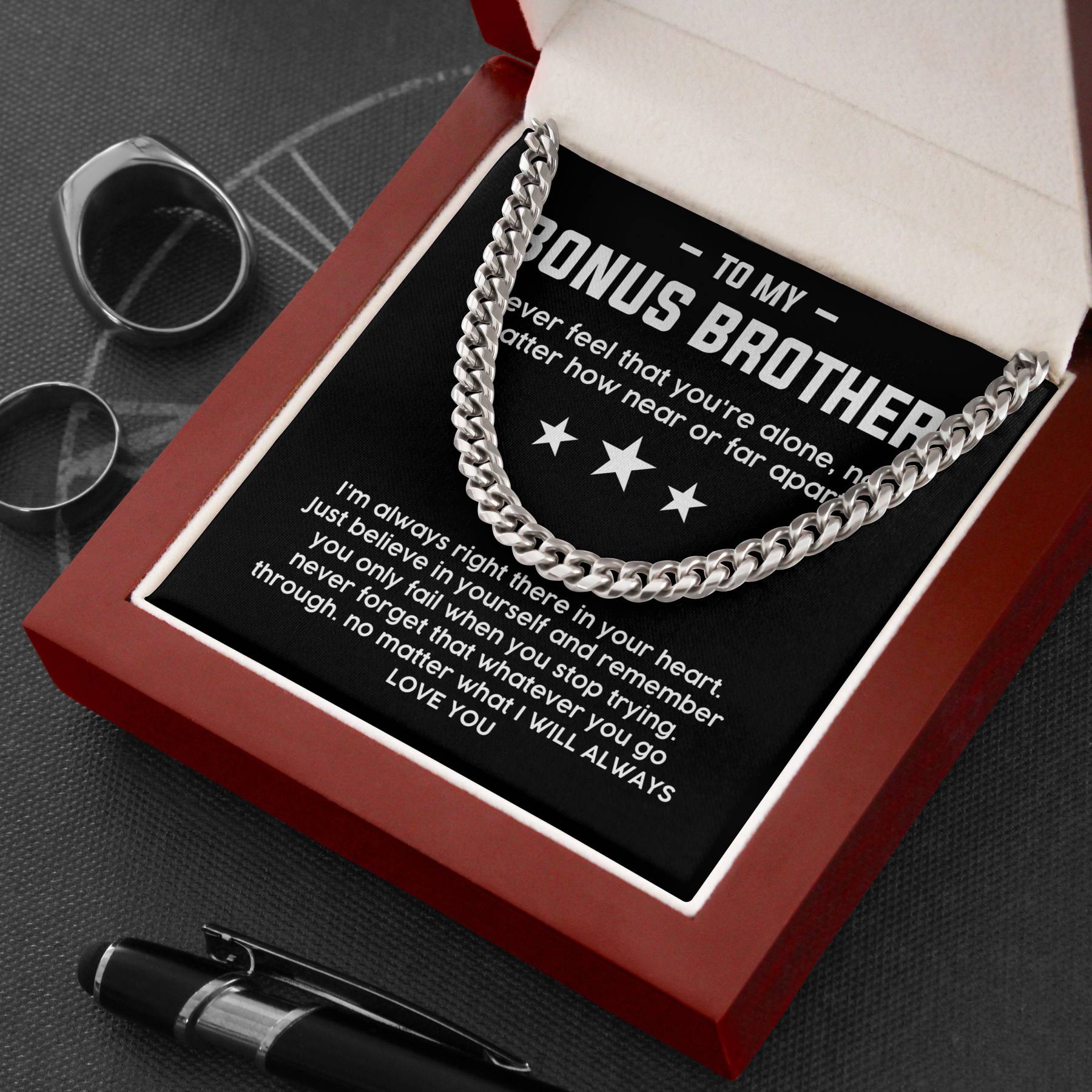 To My Bonus Brother Necklace Cuban Link Chain Necklace Gift Set - No Matter What I Will Always Love You-Jessemade AU