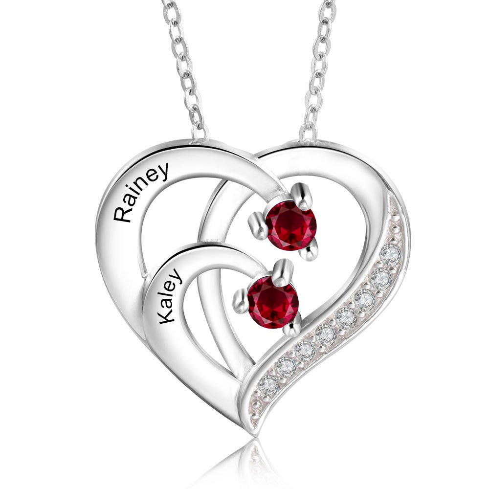 Personalised Mother Necklace 2 Stones Engraved 2 Names Birthstone Intertwined Heart Pendant Gifts for Her-Jessemade AU