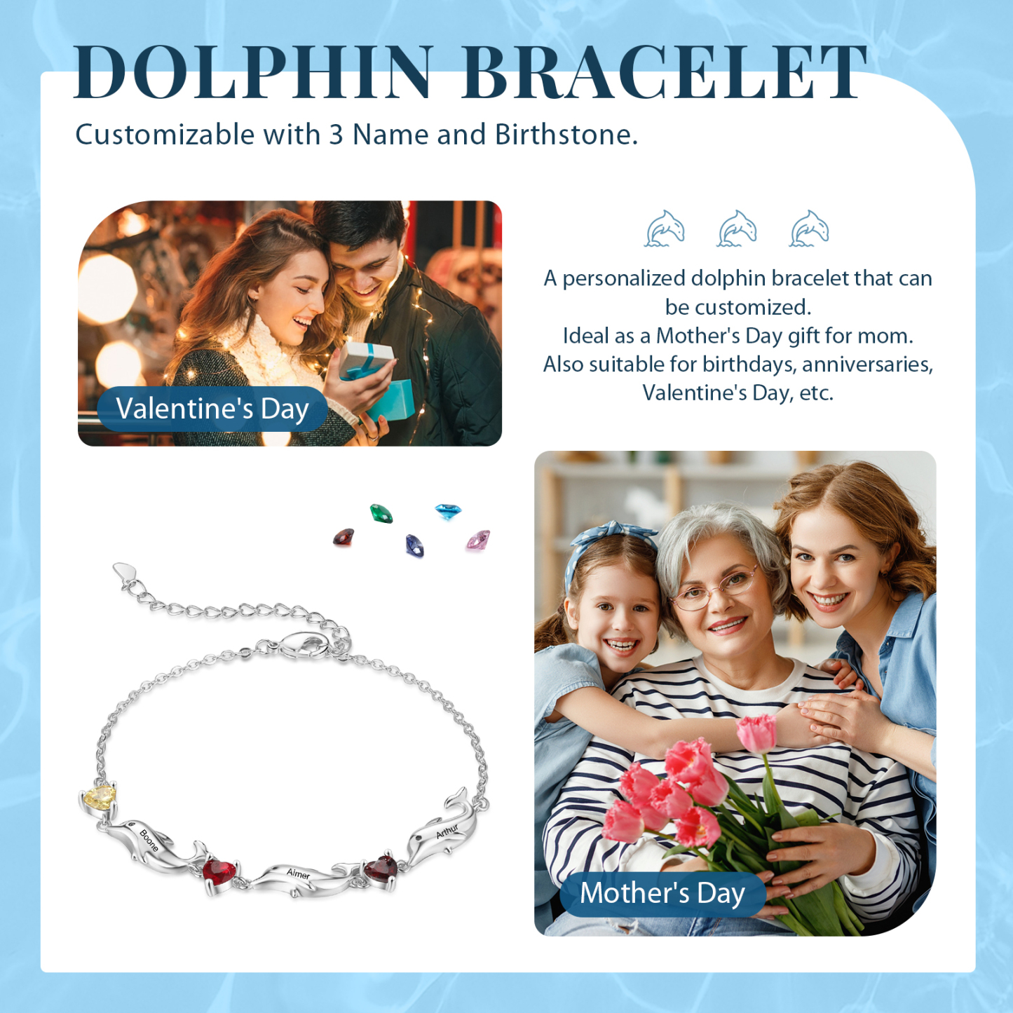 Personalised Dolphin Birthstone Bracelet Custom 3 Names & Birthstones Creative Gifts For Her-Jessemade AU