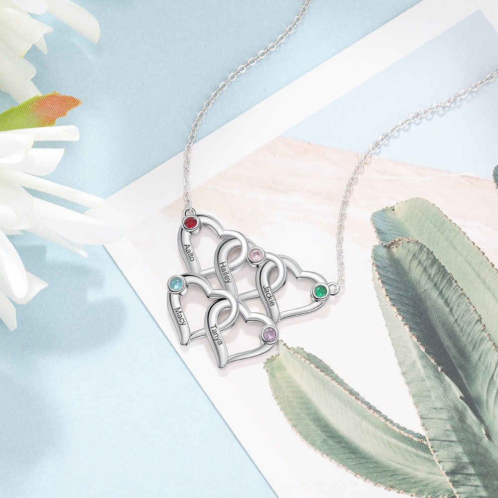 Personalised Heart Necklace With 5 Birthstones Engraved Names Necklace Gift For Women-Jessemade AU
