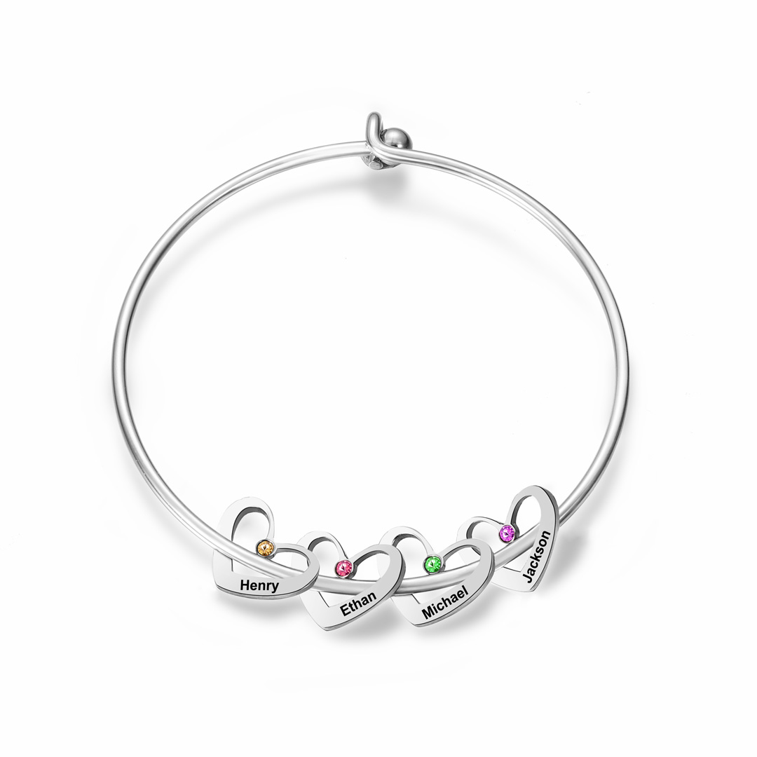 Personalised Heart Bangle With 4 Names and Birthstones Bangle Bracelet Mother's Day Gifts For women