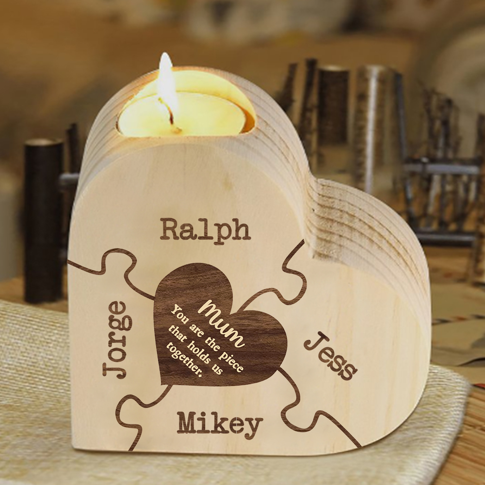 To My Mum Personalised 4 Names Puzzle Candle Holder Wooden Candlestick "You Are The Piece That Holds Us Together"-Jessemade AU