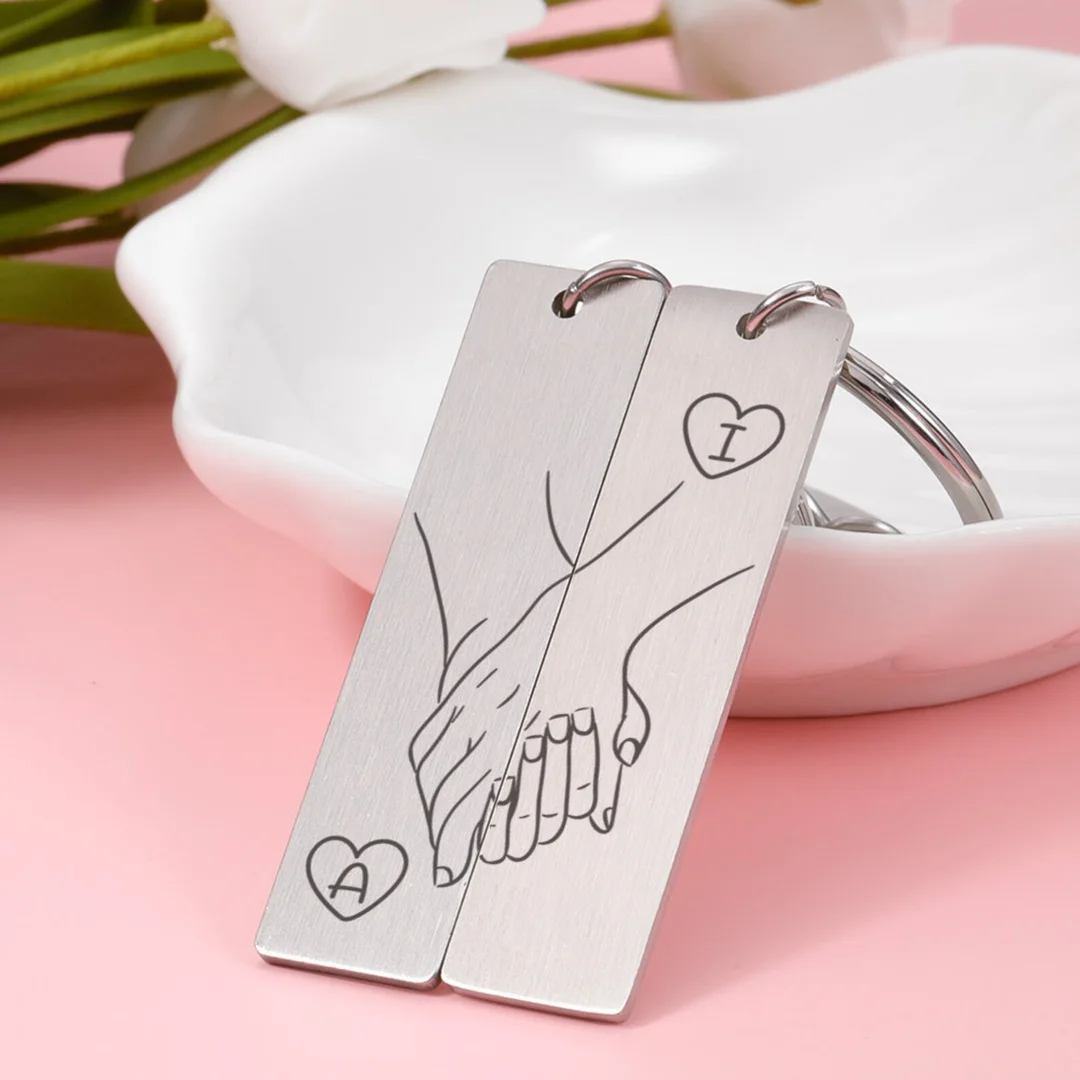 Hand in Hand Couple Keychain Set Personalised Date Initial Heart Matching Couple Gifts-Jessemade AU