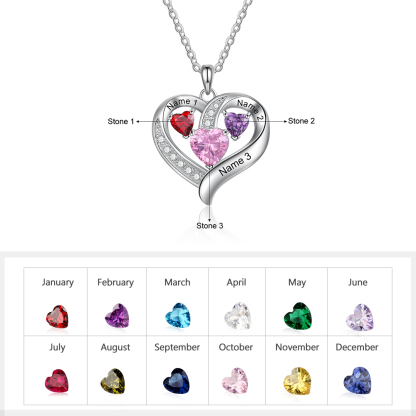 Personalised Heart Necklace With 3 Birthstones Engraved Names Gift For Her-Jessemade AU