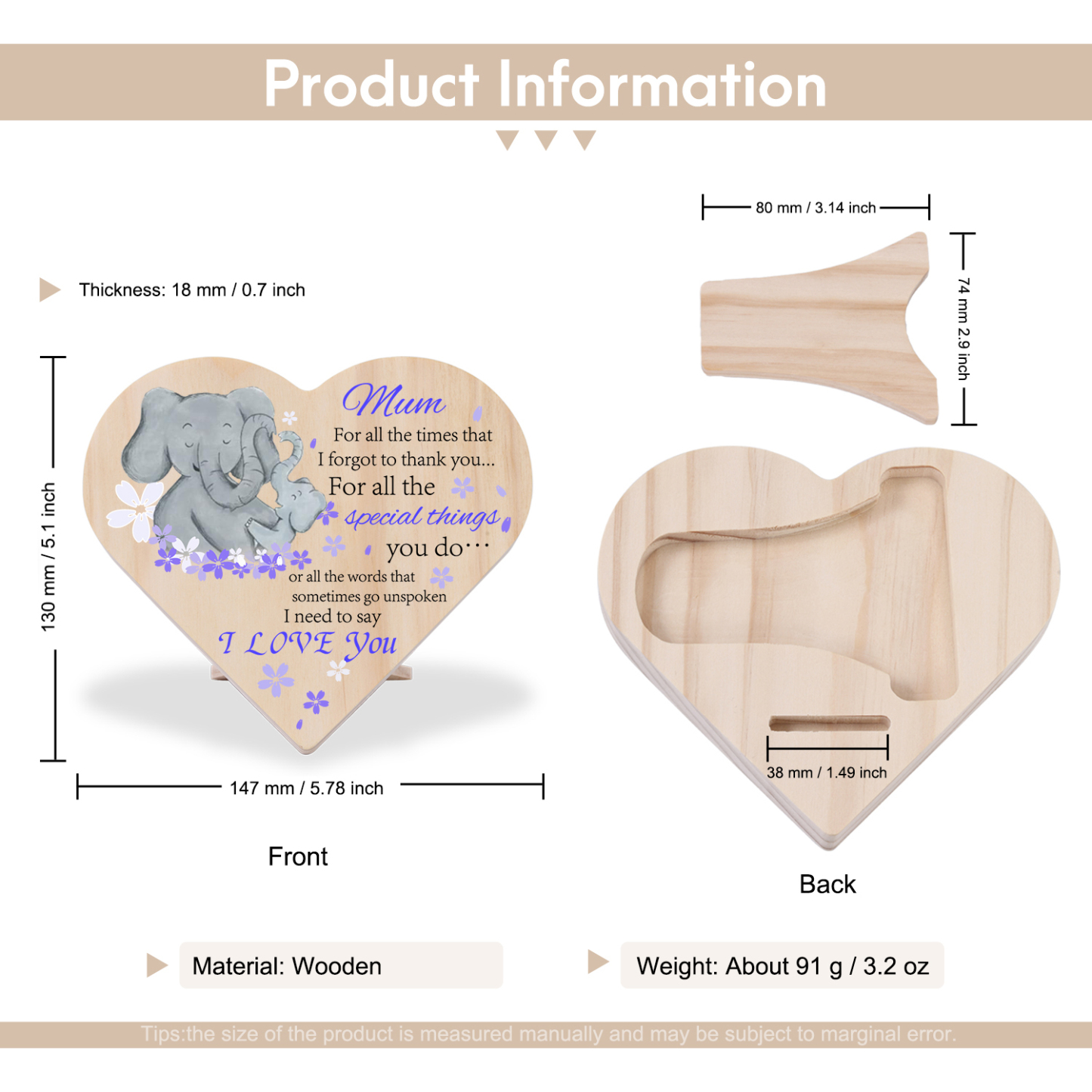 To My Mum Wooden Heart Keepsake Desktop Ornament "For all the times I forgot to thank you" Mothers Gifts-Jessemade AU