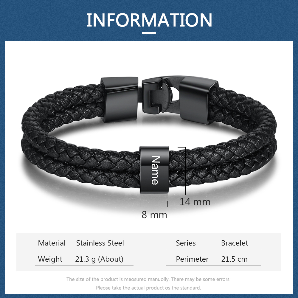 Personalised Braided Leather Bracelet Engraved 1 Name Men's Bracelet Gifts For Him-Jessemade AU