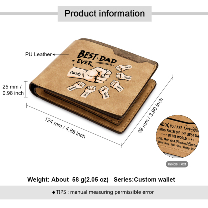 Best Dad Ever - Custom 7 Names & 1 Text Billfold Wallet Personalised Fist Bump Men's Leather Wallet