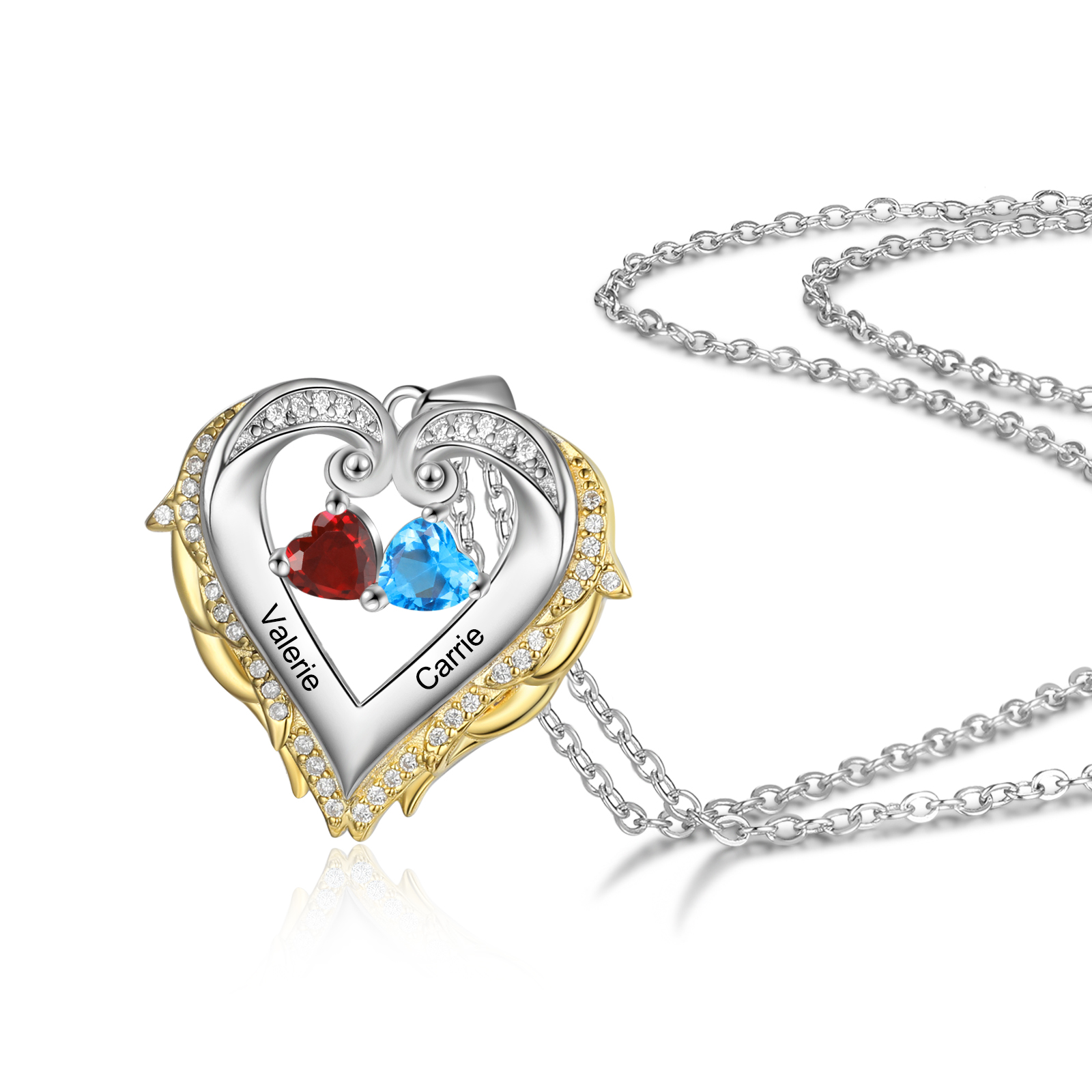 Personalised Heart Wings Necklace With 2 Birthstones Custom Names Gift For Her-Jessemade AU