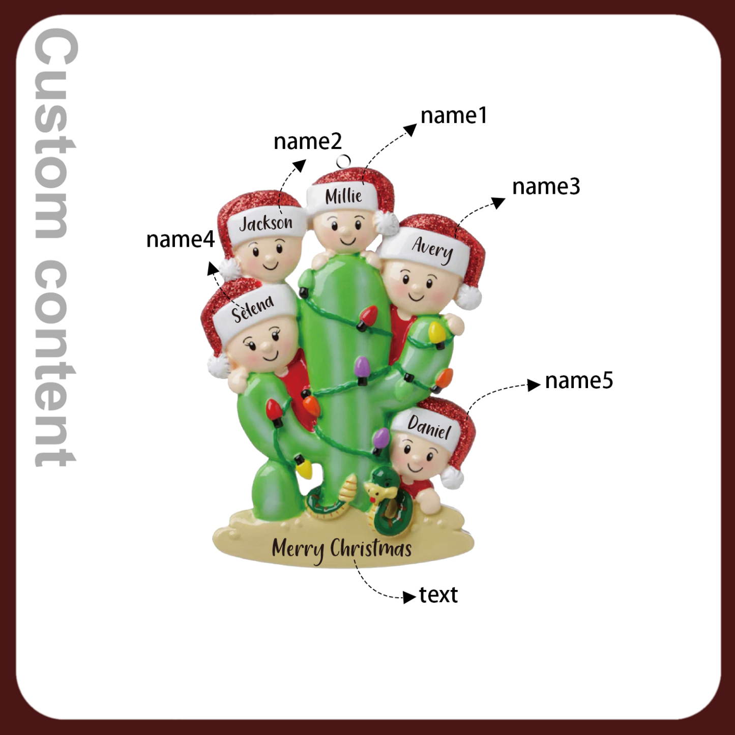 5 Names - Personalised Cactus Ornament Customised Name & Text Christmas Tree Wooden Decor Gift for Family and Friends-Jessemade AU