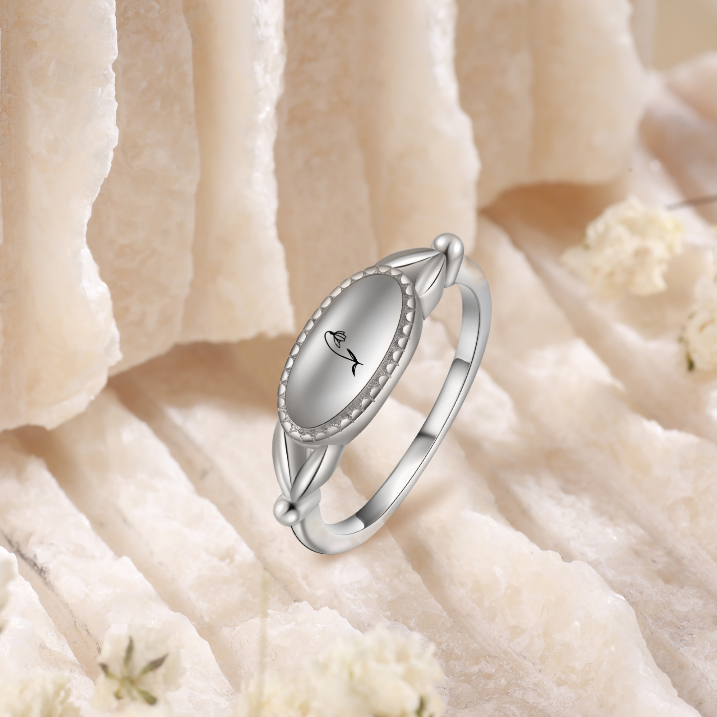 Customised 1-3 Birthflowers Ring Personalised Oval Plaque Ring Gifts for Her-Jessemade AU