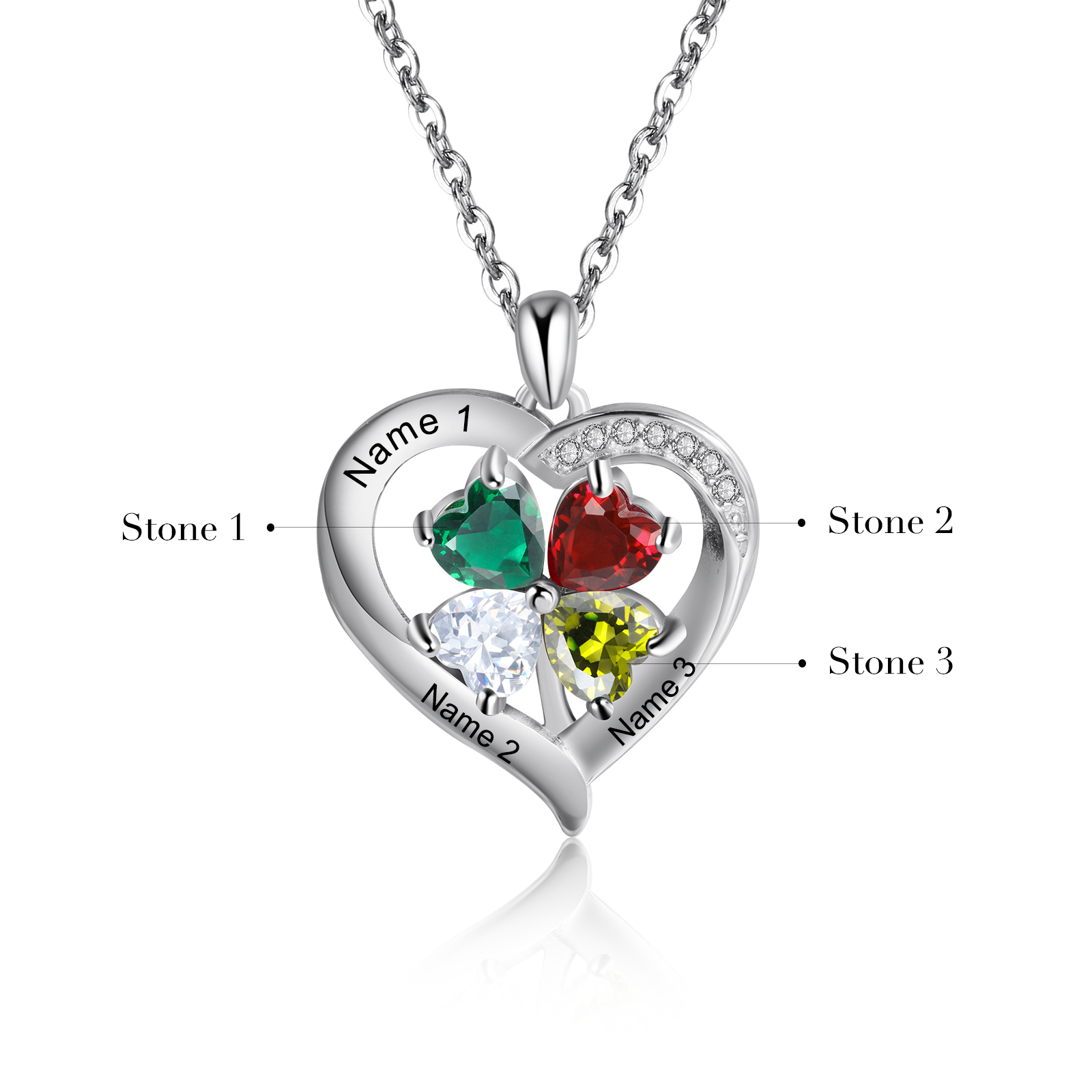 Personalised Heart Necklace with 3 Birthstones Engrave Names Family Necklace for Mom-Jessemade AU