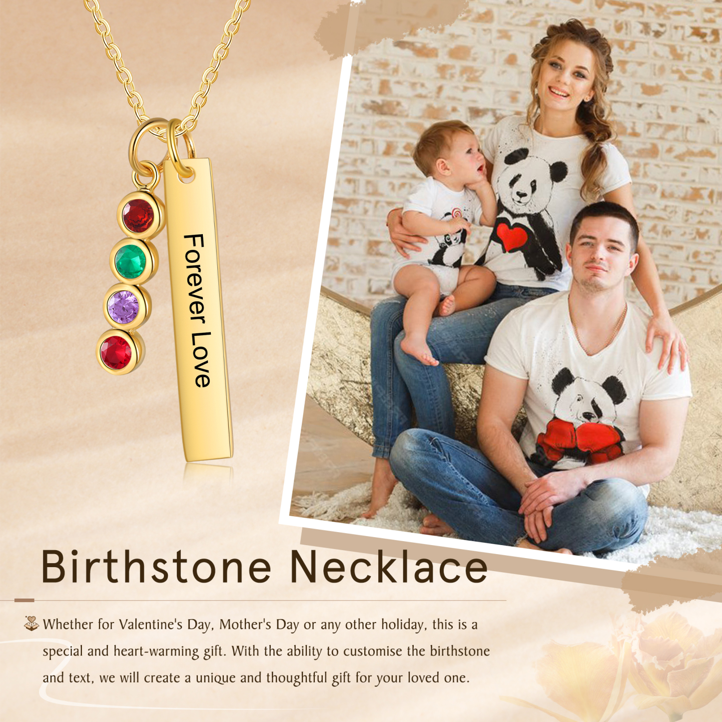 Personalised Bar Pendant Necklace Custom 4 Birthstones & 1 Text Necklace Birthday Gift for Her-Jessemade AU