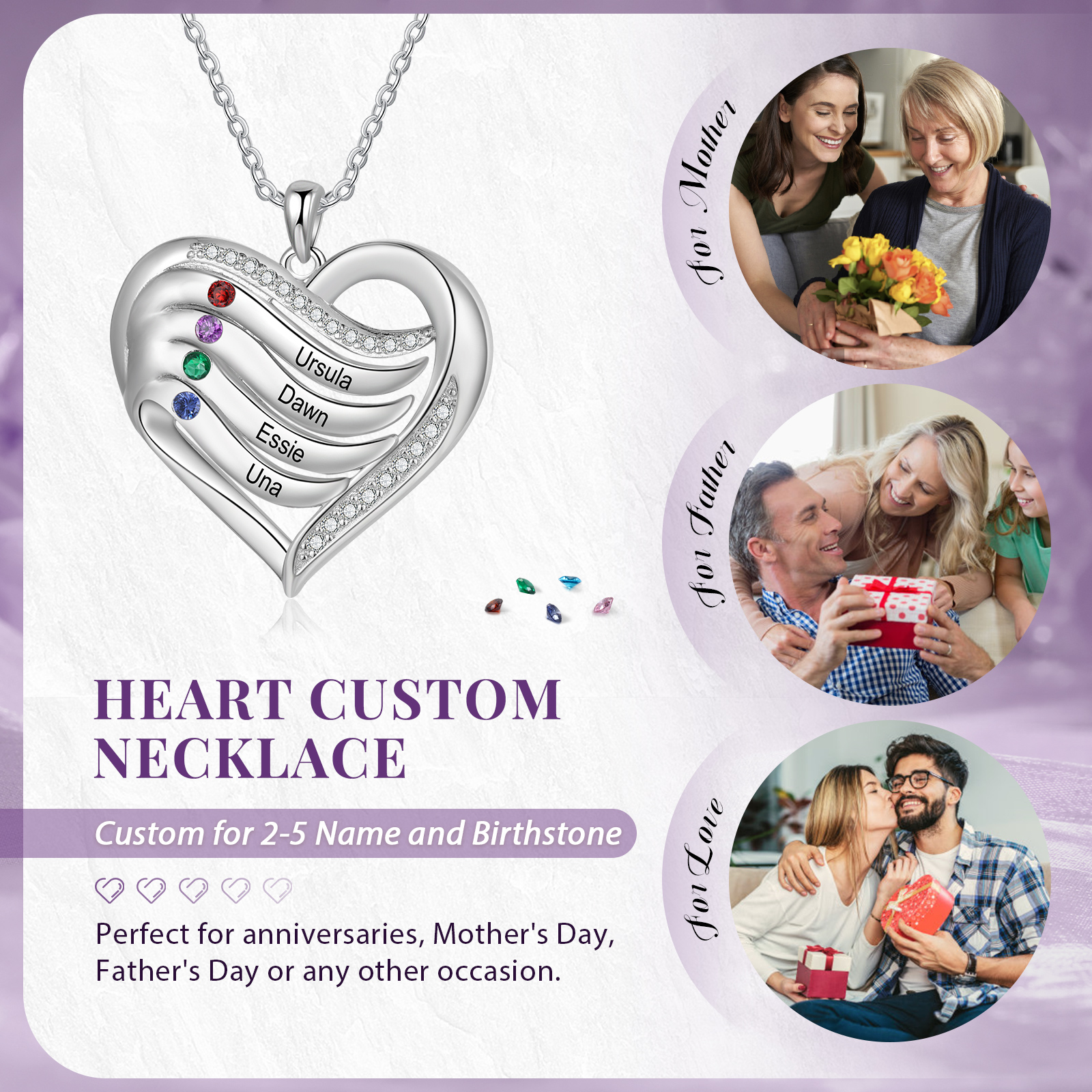 Personalised Intertwined Heart Pendant Necklace Custom 4 Birthstones & 4 Names Necklace Gifts for Her-Jessemade AU