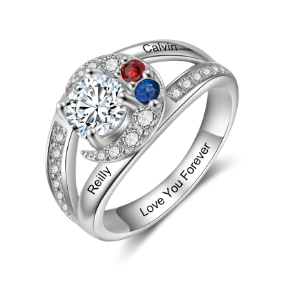 Personalised Moon Star Ring With 2 Birthstones Custom Names Best Gift For Women-Jessemade AU
