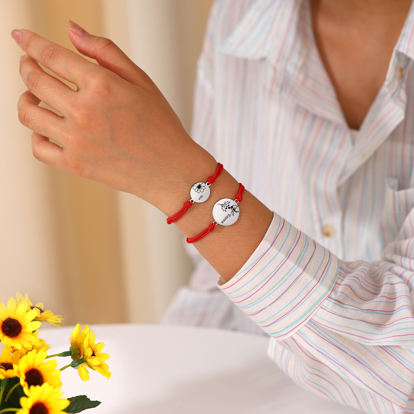 2 Pcs Bracelet Set Personalised Names & Birth Flowers Adjustable Bracelets with Message Card Back to School Gifts for Daughters-Jessemade AU