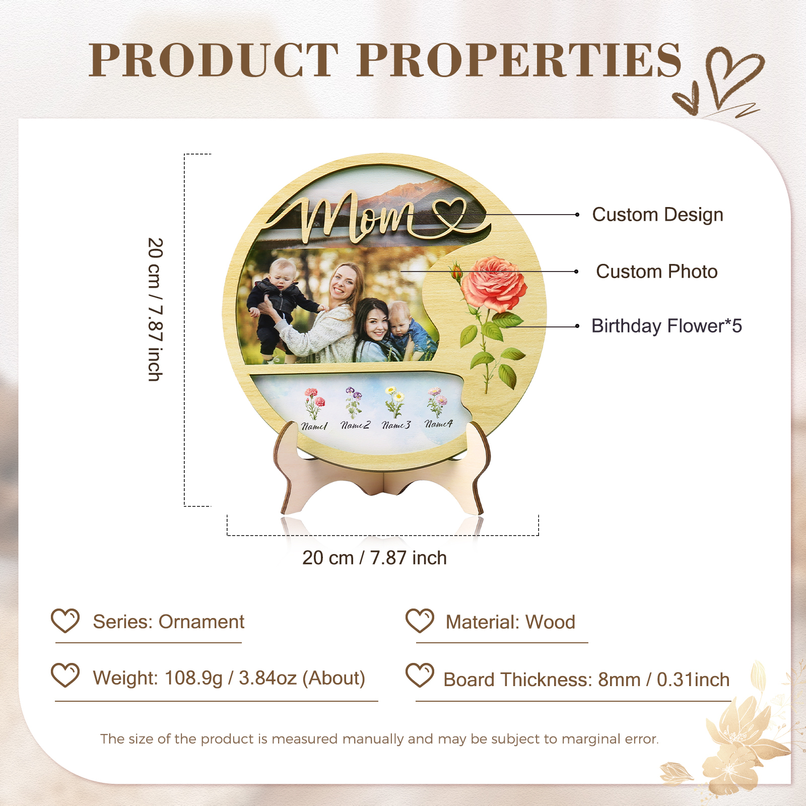 Personalised Photo & Text Wooden Plaque Custom 5 Birth Flowers & 4 Names Wooden Sign With Stand Gifts for Mum/Nana-Jessemade AU