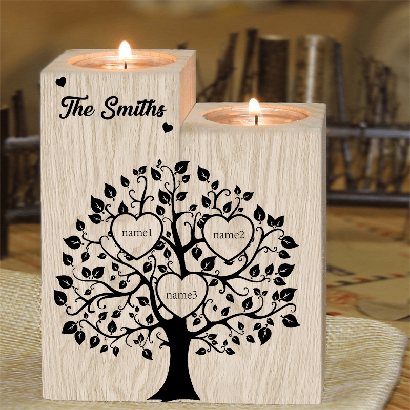 Family Name Wooden Heart Candle Holder Custom 3 Names Family Tree Candlesticks-Jessemade AU
