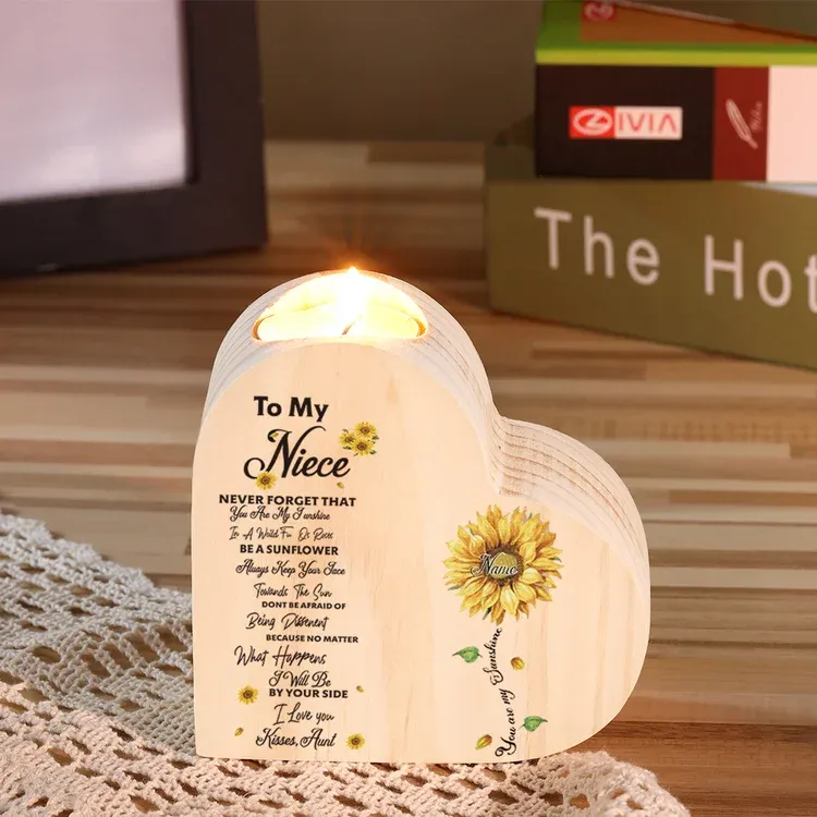 To My Niece Heart Candle Holder Kisses, Aunt Custom Name Wooden Sunflower Candlestick-Jessemade AU