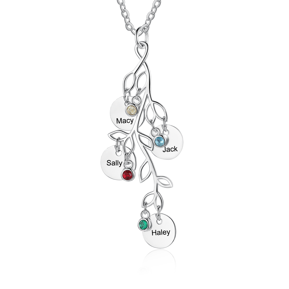 Personalised Leaves NecklaceWith 3 Birthstones Engraved Names Gift For Mother-Jessemade AU