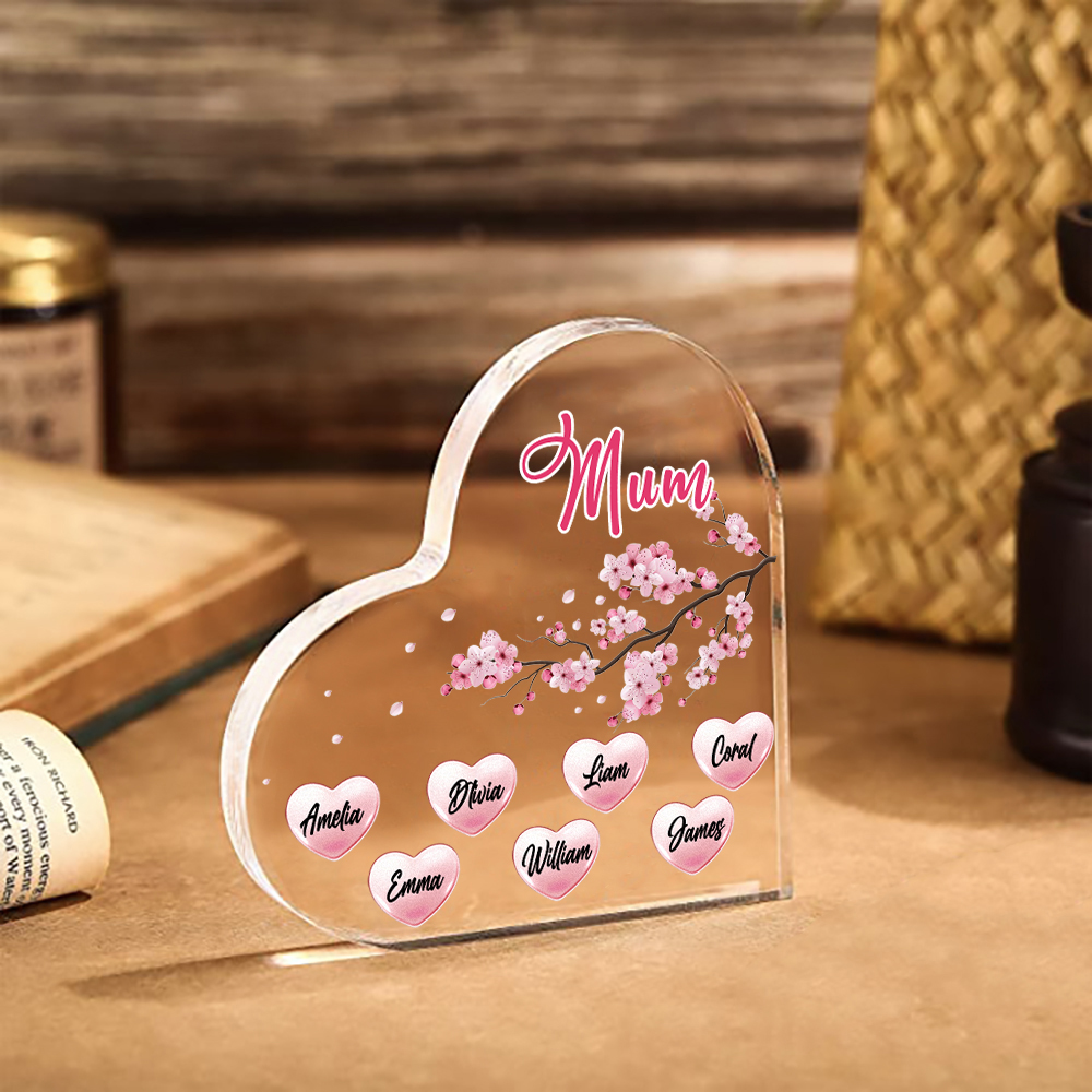 7 Names - Personalised Acrylic Heart Keepsake Custom Text Peach Blossom Ornaments Gifts for Grandma/Mother-Jessemade AU