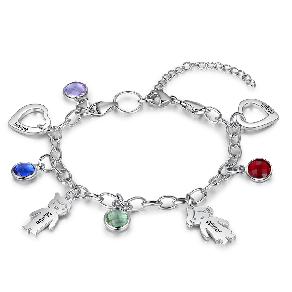 Personalised Kids Charm Bracelet With 3 Birthstones Engraved Names Bracelet Gift For Her-Jessemade AU