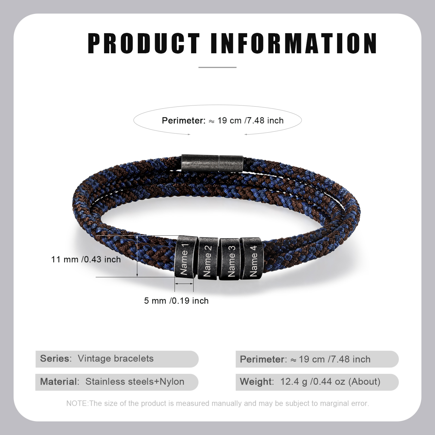 4 Names - Vintage Men's Bracelet Customised Name Nylon Bracelet Three Layers Bracelet Personalised Gift for Him-Jessemade AU