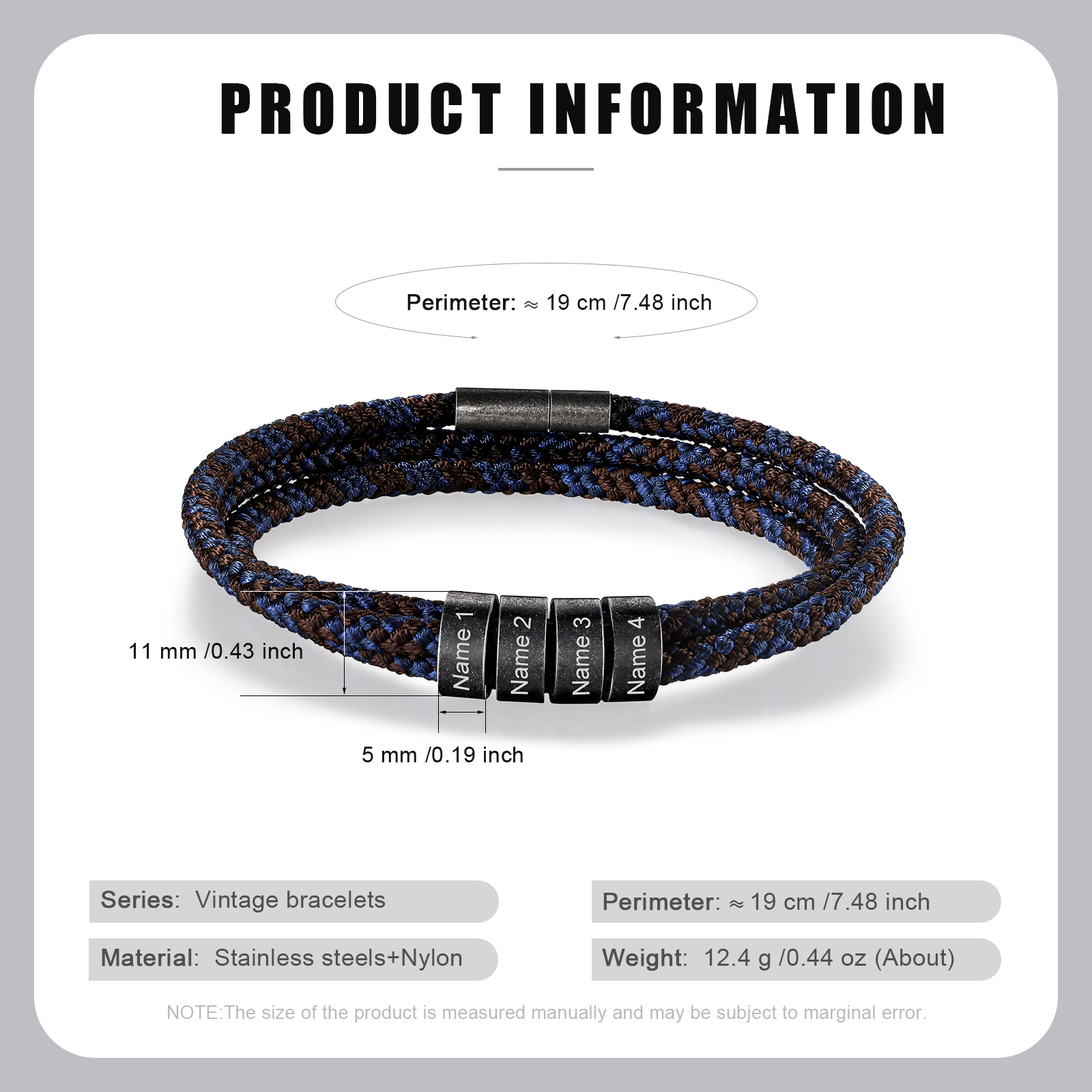 4 Names - Vintage Men's Bracelet Customised Name Nylon Bracelet Three Layers Bracelet Personalised Gift for Him-Jessemade AU