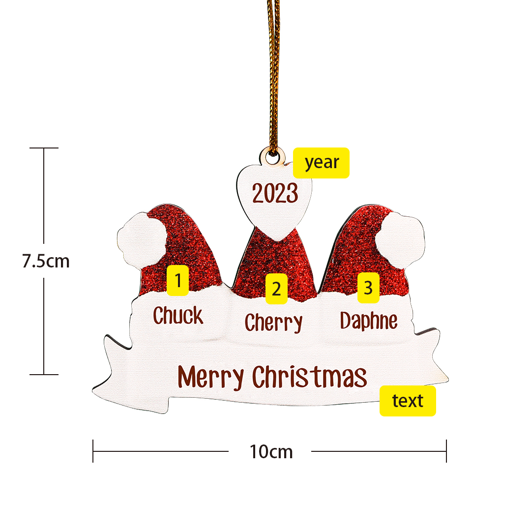 3 Names - Personalised Wooden Christmas Hat Ornaments Custom Text & Name & Year Xmas Pendant Gifts for Family