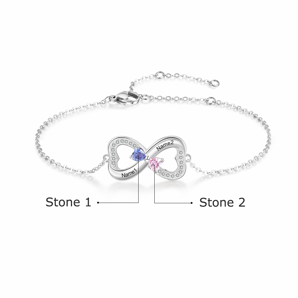 Personalised Bracelet With 2 Heart Birthstones Engraved Names Bracelet Gift For Women-Jessemade AU